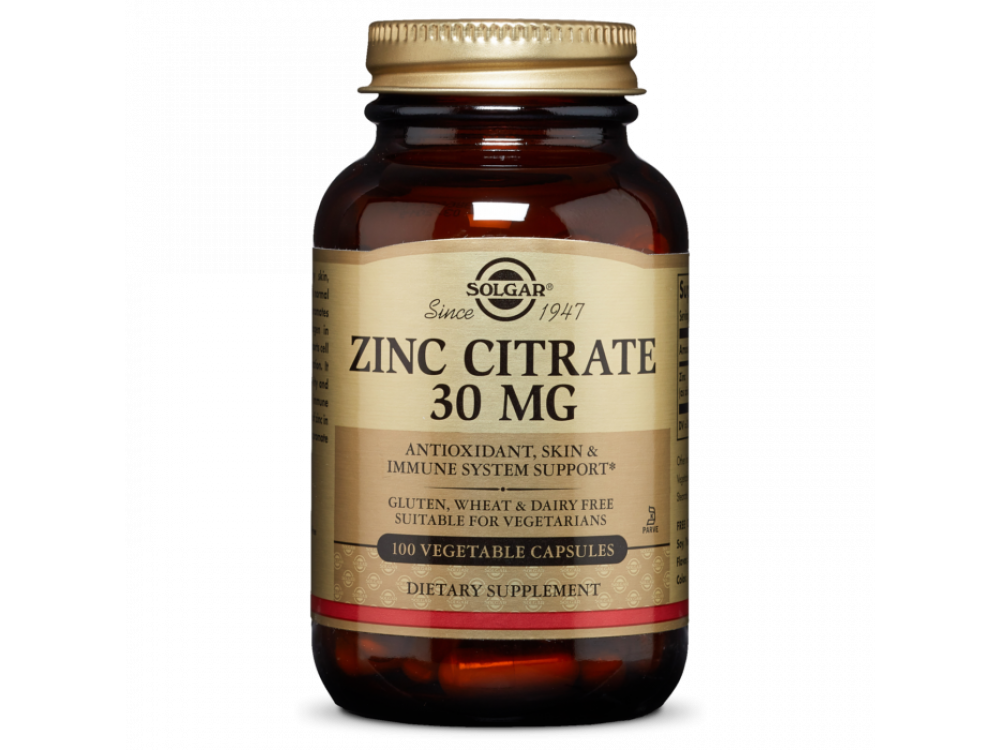 SOLGAR Zinc Citrate 30mg Solgar, Κιτρικός Ψευδάργυρος 30mg, 100caps
