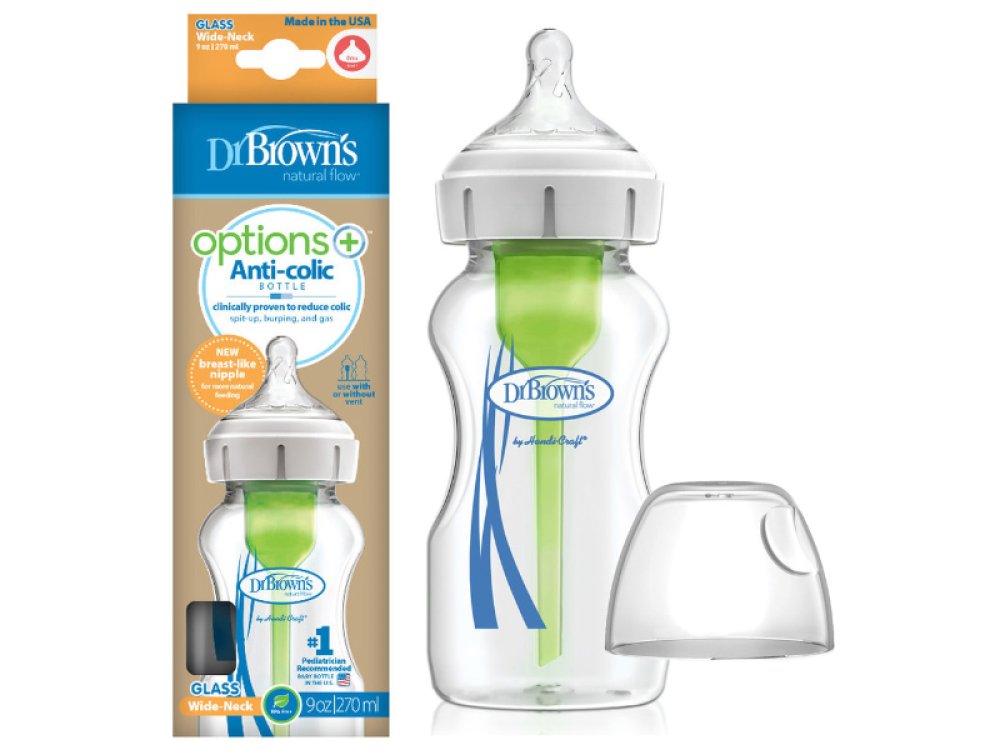 Dr. Brown's Options+ Anti-colic WB 91700, Γυάλινο Μπιμπερό με Φαρδύ Λαιμό με Θηλή Σιλικόνης, 270ml