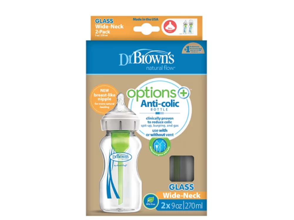 Dr. Brown's Options+ Anti-Colic (WB92700), Γυάλινο Μπιμπερό Με Φαρδύ Λαιμό 0m+, 2x270ml