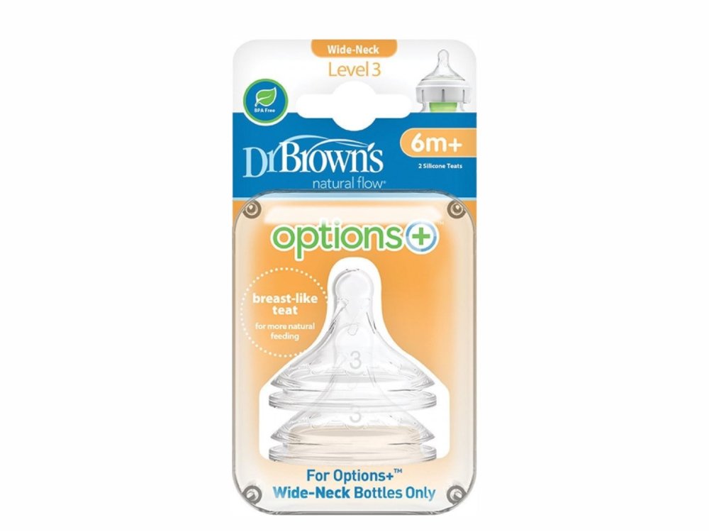 Dr. Brown's Options+ Silicone Teats (WN3201), Θηλές Σιλικόνης για Μπιμπερό με Φαρδύ Λαιμό 6m+, 2τμχ