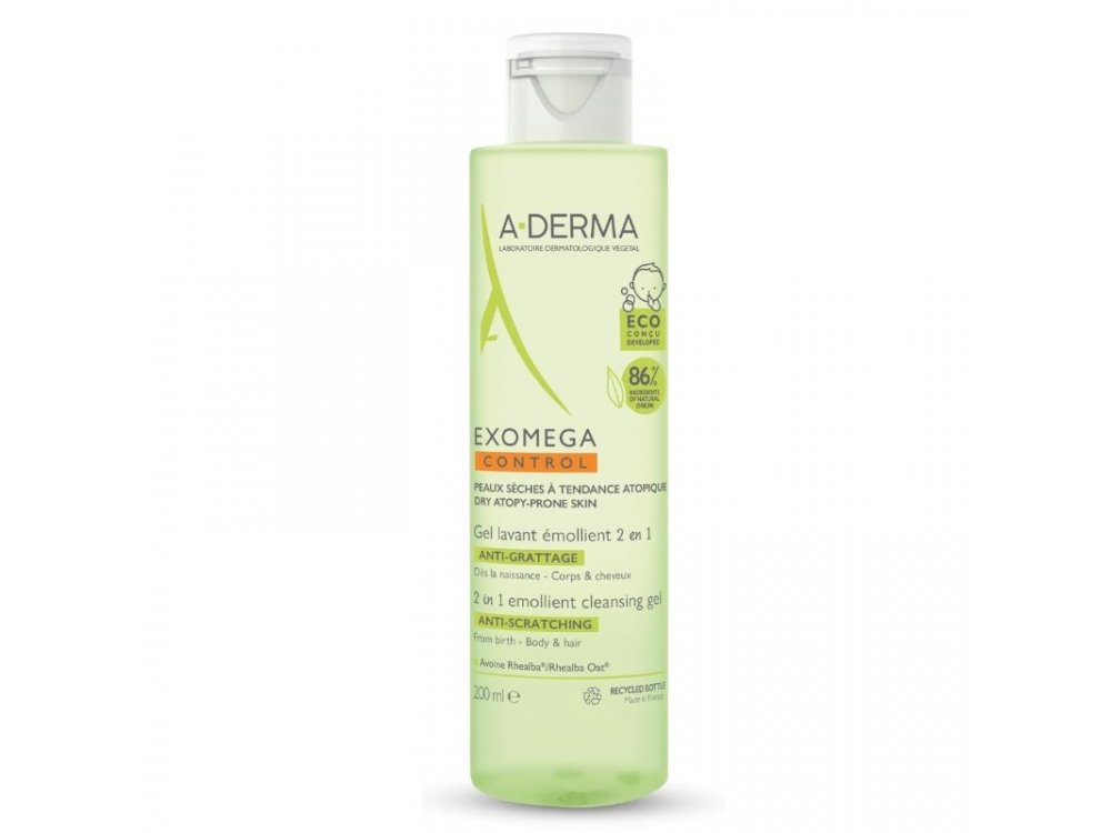 A-DERMA Exomega Control 2in1 Emollient Cleansing Gel, Gel Καθαρισμού για σώμα και μαλλιά, 200ml