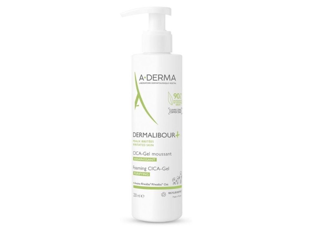 A-DERMA Dermalibour Cica-Gel Moussant, Εξυγιαντικό Αφρίζον Τζελ Καθαρισμού για Πρόσωπο & Σώμα, 200ml