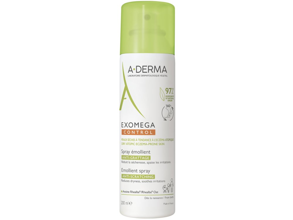 A-Derma Exomega Control Emollient Spray, Καταπραϋντικό Spray Κατά της Φαγούρας για Ατοπικό ή Πολύ Ξηρό Δέρμα, Ιδανικό για Όλη την Οικογένεια, 200ml