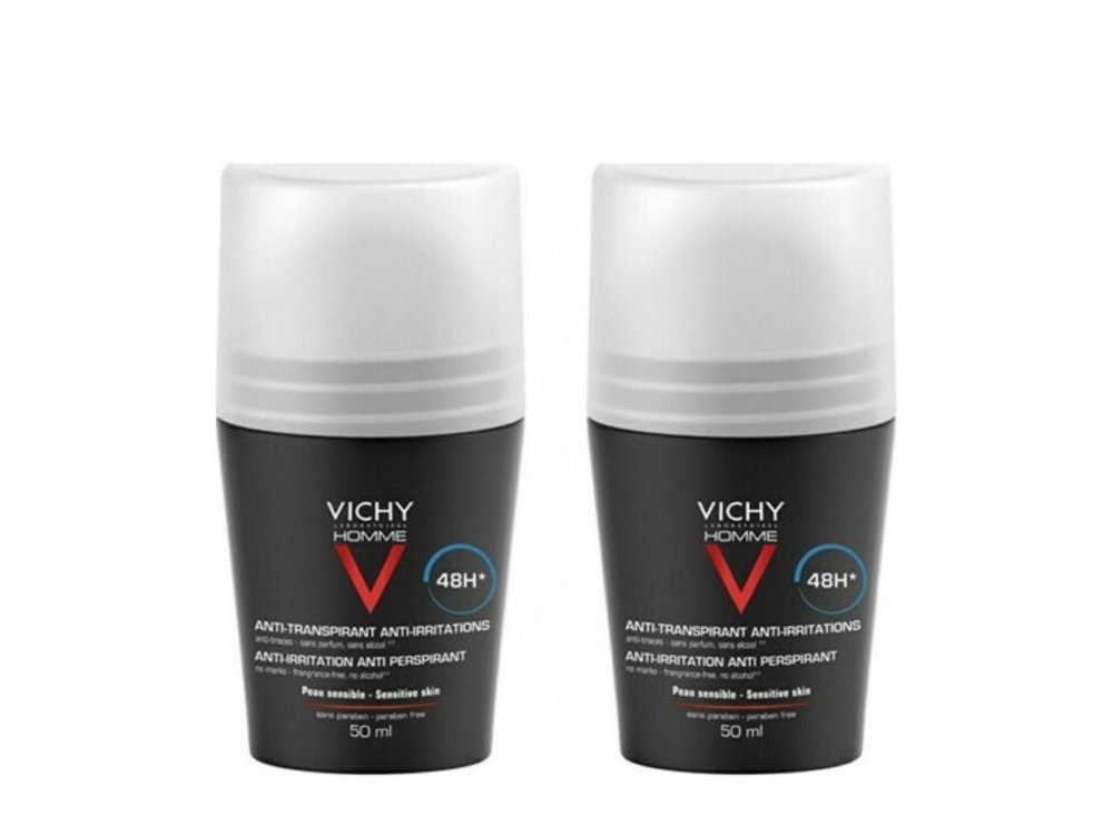 Vichy Homme Anti-irritation Anti Perspirant 48h, Υποαλλεργικό Αποσμητικό Roll-On Ευαίσθητη Επιδερμίδα, 2x50ml