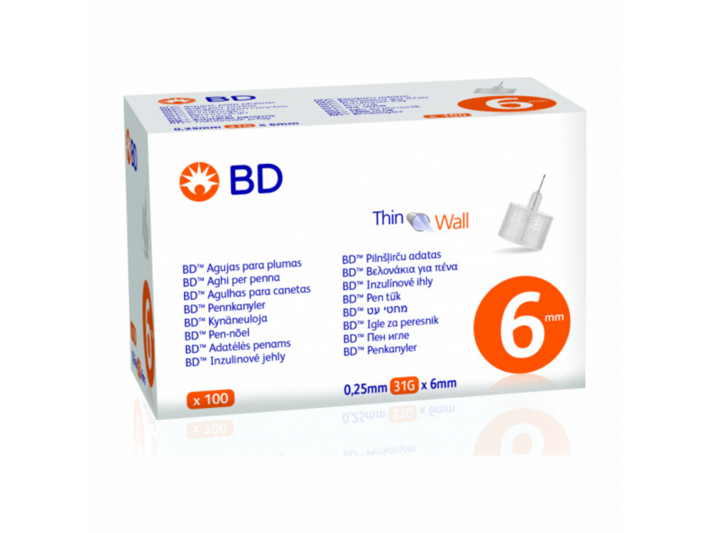 BD Thin Wall Αποστειρωμένες Βελόνες για Πένες Ινσουλίνης 31GX6MM, 100 Tμχ