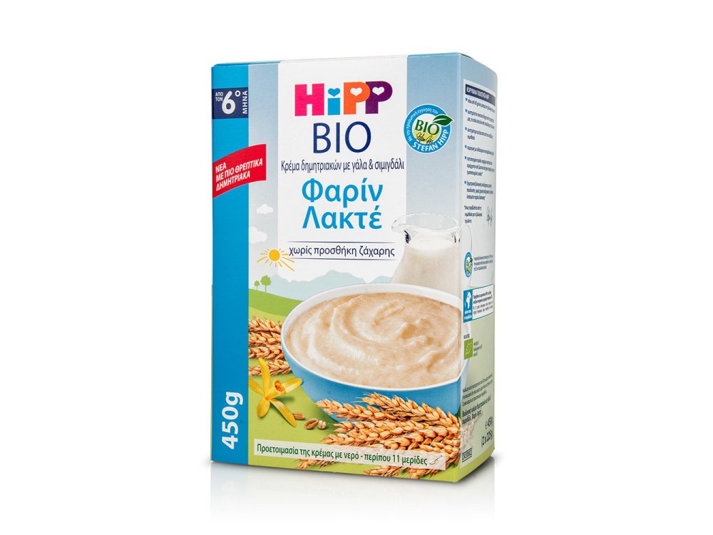 HiPP Bio, Κρέμα Δημητριακών Φαρίν Λακτέ με γάλα και σιμιγδάλι από τον 6m+, 450gr