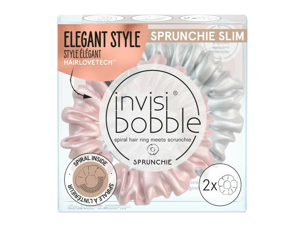 Invisibobble Sprunchie Slim Bella Chrome, Λαστιχάκια μαλλιών με ύφασμα βελούδινης υφής Ασημί/Ροζ, 2τμχ