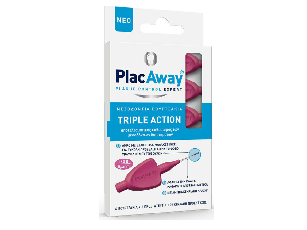 Plac Away Triple Action, Μεσοδόντια Βουρτσάκια 0.4mm ISO 0 Ροζ, 6τμχ