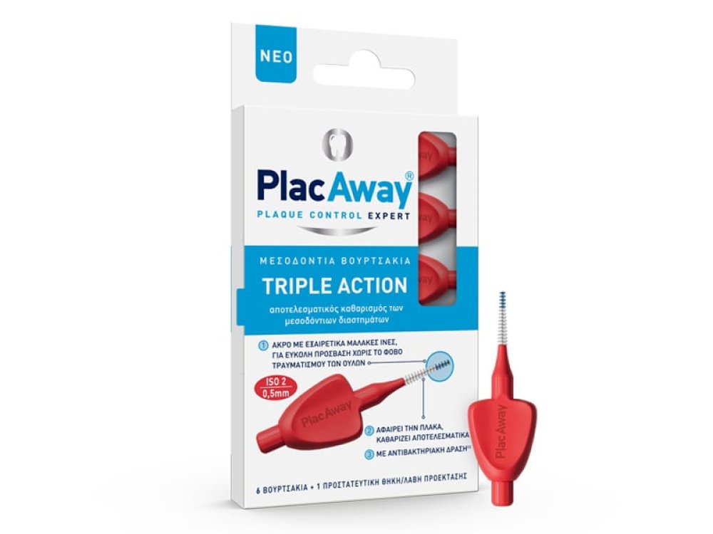 Plac Away Triple Action, Μεσοδόντια Βουρτσάκια 0.5mm ISO 2 Κόκκινα, 6τμχ