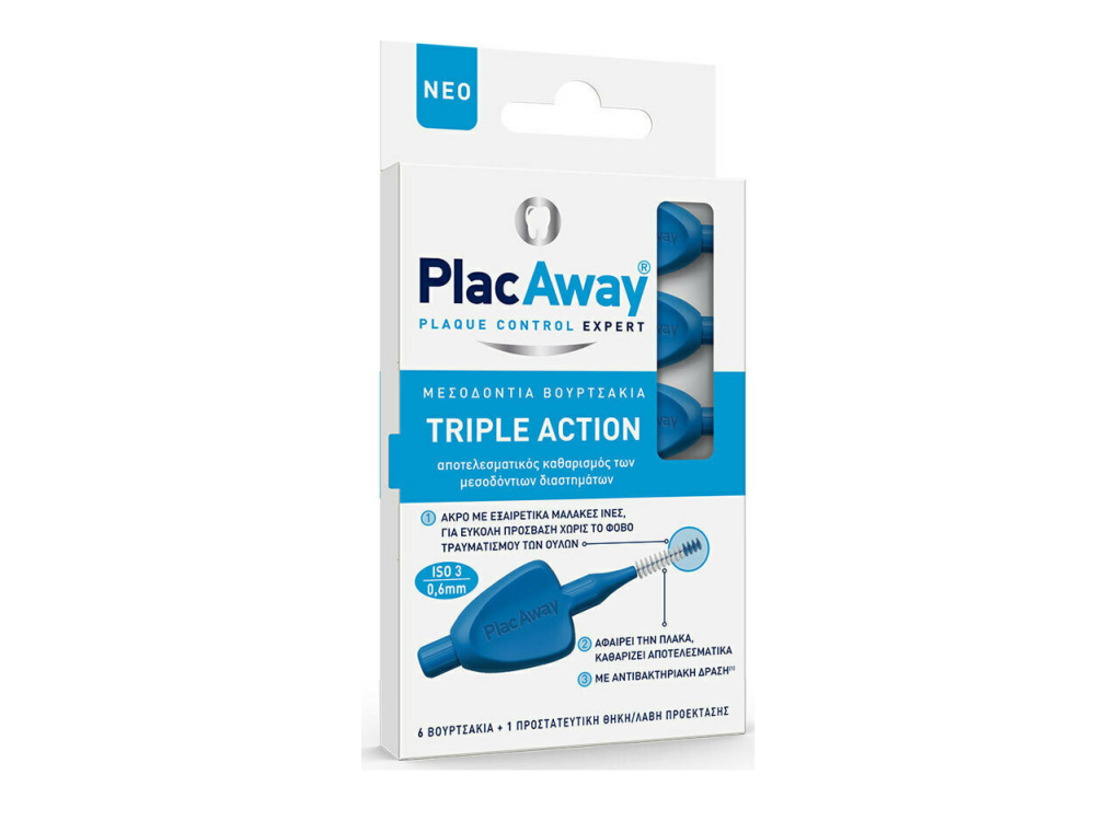 Plac Away Triple Action, Μεσοδόντια Βουρτσάκια 0.6mm ISO 3 Μπλε, 6τμχ