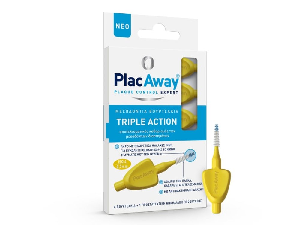 Plac Away Triple Action, Μεσοδόντια Βουρτσάκια 0.7mm ISO 4 Κίτρινα, 6τμχ