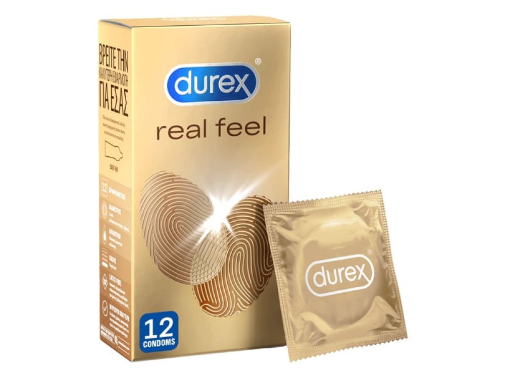 Durex Real Feel Προφυλακτικά με φυσική αίσθηση δέρματος, Κατασκευάζονται από τεχνολογικά προηγμένο υλικό, κατάλληλο για αλλεργικούς στο λάτεξ. για πιο φυσική αίσθηση κατά την επαφή 12τμχ