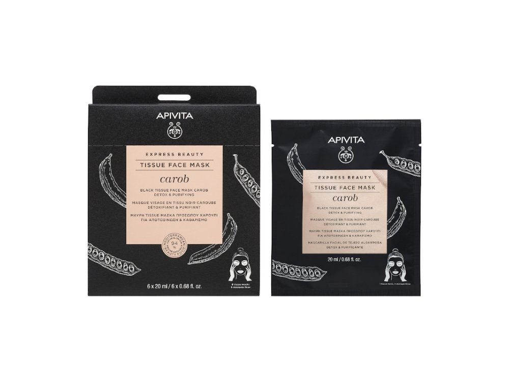 Apivita Express Beauty Tissue, Μάσκα Προσώπου για Αποτοξίνωση & Καθαρισμό με Χαρούπι, 20ml