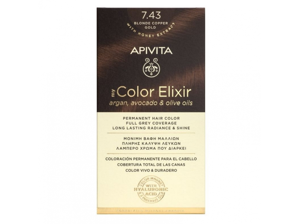 Apivita My Color Elixir kit Μόνιμη Βαφή Μαλλιών, 7.43 (Ξανθό Χάλκινο Μελί)
