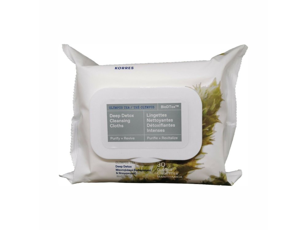 Korres Olympus Tea Deep Detox Cleansing Cloths, Μαντηλάκια Καθαρισμού & Ντεμακιγιάζ, 30τμχ