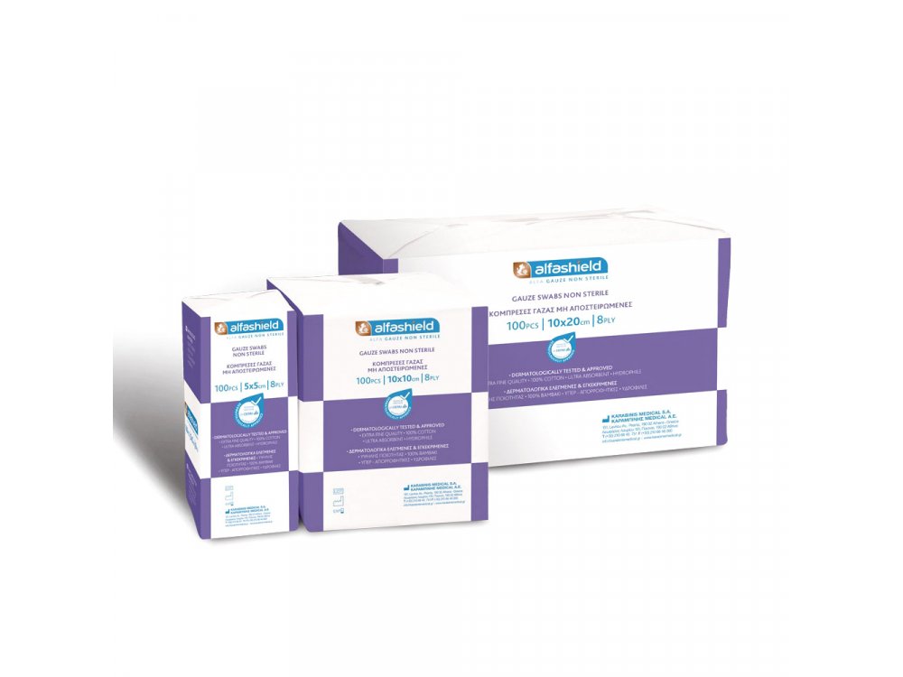 ALFASHIELD Alfa Gauze Non Sterile, Κομπρέσες Γάζας Μη Αποστειρωμένες 10x20cm 8ply, 100τμχ