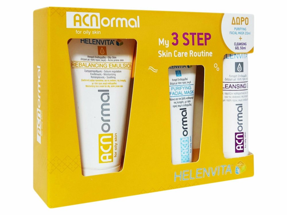Helenvita ACNormal My 3Step Skin Care Routine, Rebalancing Emulsion 60ml +Facial Mask 20ml +Cleansing Gel 50ml
