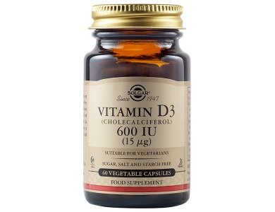 Solgar Vitamin D3 600IU (15μg) Συμπλήρωμα Διατροφής Βιταμίνης D3 με Πολλαπλά Οφέλη για τον Οργανισμό, Ιδανικό για την Υγεία των Οστών & των Αρθρώσεων, 60veg.caps
