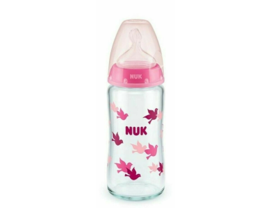 Nuk First Choice Plus Temperature Control, Μπιμπερό Κατά των Κολικών με Θηλή Σιλικόνης 0-6m Pink Birds, 240ml