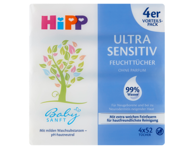 Hipp Baby Wipes "Ultra Sensitive", Έξτρα Απαλά Μωρομάντηλα με 99% Νερό, 4x52τμχ
