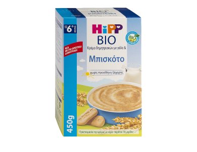 Hipp Bio, Κρέμα Δημητριακών με Γάλα & Μπισκότο Χωρίς Προσθήκη Ζάχαρης 6m+, 450gr