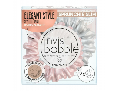 Invisibobble Sprunchie Slim Bella Chrome, Λαστιχάκια μαλλιών με ύφασμα βελούδινης υφής Ασημί/Ροζ, 2τμχ