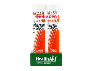 Health Aid 1+1 ΔΩΡΟ Vitamin C 1000mg Συμπλήρωμα Διατροφής Βιταμίνη C για Τόνωση, Ενίσχυση Ανοσοποιητικού Συστήματος & Πρόληψη Κρυολογήματος - Γεύση Πορτοκάλι, 2x20eff.tabs