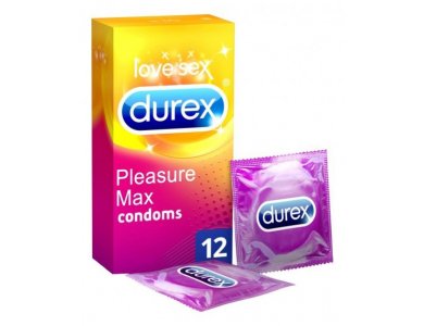 DUREX Pleasure Max Προφυλακτικά με ανάγλυφες κουκκίδες & ραβδώσεις, Μεγιστοποιούν τη διέγερση των απολήξεων των νεύρων προσφέροντας πιο έντονη αίσθηση. Σχεδιασμένα λαμβάνοντας υπόψη τη γυναίκα. 12 τμχ