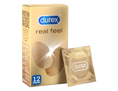 Durex Real Feel Προφυλακτικά με φυσική αίσθηση δέρματος, Κατασκευάζονται από τεχνολογικά προηγμένο υλικό, κατάλληλο για αλλεργικούς στο λάτεξ. για πιο φυσική αίσθηση κατά την επαφή 12τμχ