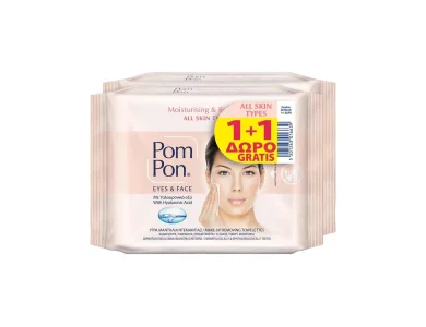 Pom Pon 1+1 Promo Pack Υγρά Μαντηλάκια Ντεμακιγιάζ με Υαλουρονικό για Πρόσωπο & Μάτια, 40τεμ (20+20τεμ Δώρο)