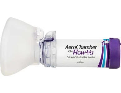 AeroChamber Plus Flow-Vu Αεροθάλαμος Eισπνοών Ενηλίκων και Παιδιών 5y+ με Μικρή Μάσκα σε Μωβ Χρώμα, 1τμχ