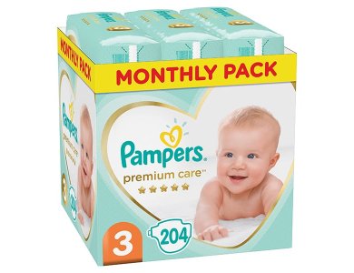 Pampers Premium Care No.3 Monthly Pack Midi (6-10kg), Βρεφικές Πάνες, 204τμχ
