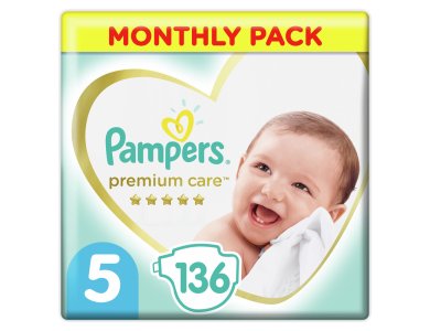 Pampers Premium Care No.5 Monthly Pack Junior (11-16 kg), Βρεφικές Πάνες, 136τμχ